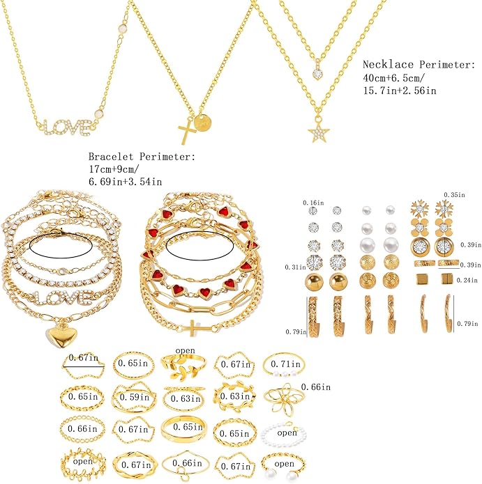 HaHaGirl Golden Collection Fashion Jewelry Set Stocking Stuffers, Layered Necklaces, Bracelets, Earrings, Rings, Modern Contemporary Style for Women