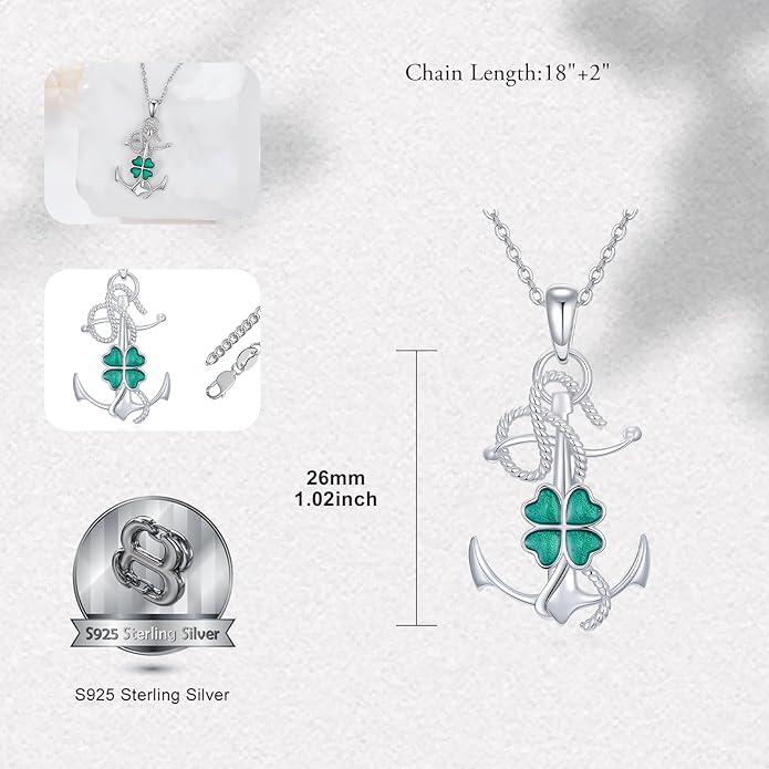 LEECCI Anchor Wave/Four Leaf Clover/Surfboard Necklace 925 Sterling Silver Anchor Pendant Jewelry Gift Graduation Gift for Men Women