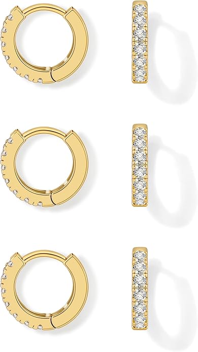 micuco 3 Pairs Small Hoop Earrings Tiny Cartilage Earrings for Women Cubic Zirconia Earrings Huggie Hoop Ear Piercing Earrings for Men 8mm 10mm 12mm