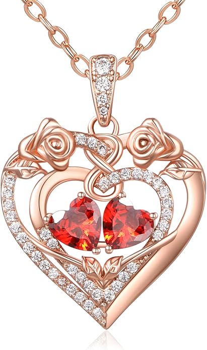 JIYVY32 Rose Heart Necklace for Women Exquisite 925 Sterling Silver Anniversary Birthday Gifts for Wife Mom Her Double Birthstone Pendant Jewelry