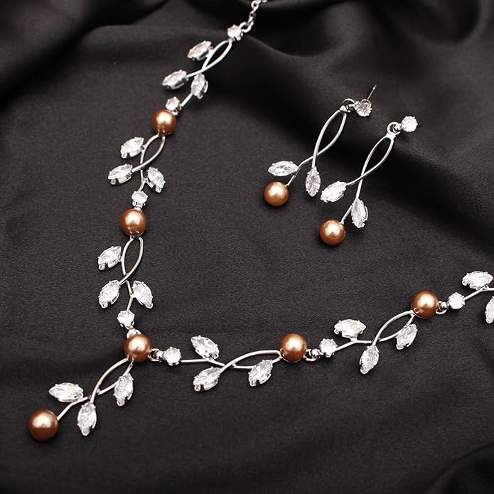 Luxury Cubic Zirconia Aurtrian Crystal Pearl Floral Necklace Dangle Earrings Wedding Bridal Jewelry Set Birthday Gifts for Her
