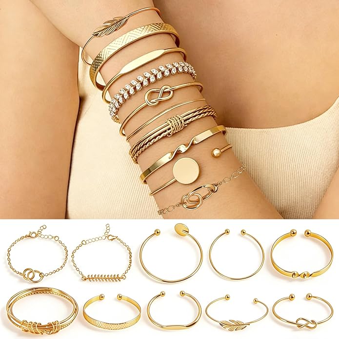 Vocect 10 Pcs Stackable Gold Bracelets for Women Set, 14K Gold Plated Mixed Style Bracelet Set Adjustable Paperclip Chain Cuban Link Beaded Cuff Waterproof Jewelry Sets for Layering Fashion Gifts