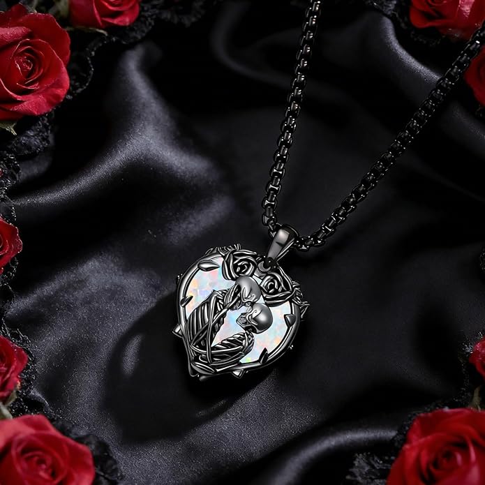 Flpruy 925 Sterling Silver Black Gothic Jewelry Gifts Skeleton Couple Pendant Crystal Birthstone Heart Necklace Punk Romantic Jewelry for Lover Men Women