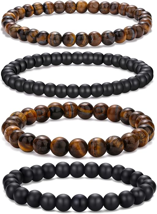 RANKEEF Mens Bead Bracelet Set - Adjustable Elastic Rope With 6&8MM Natural Stone Multi-Colored Beads - Tiger Eye Bracelets for Men - Gift