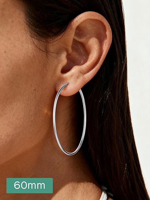 ChicSilver Hypoallergenic 925 Sterling Silver Hoop Earrings for Women, Lightweight Large Gold Plated Hoop Earrings, Endless Hoops Earring 20/30/40/50/60/70MM