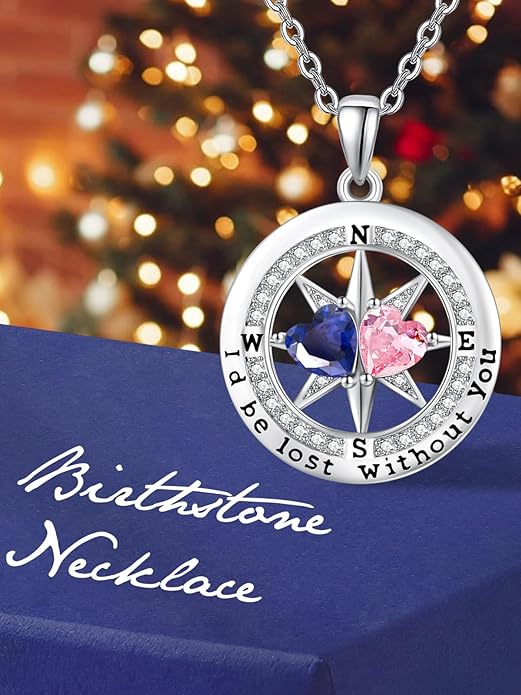 JIYVY32 Compass Birthstones Necklace for Women, Exquisite S925 Necklace Anniversary Birthday Gifts for Wife Her Double Birthstone Pendant jewelry ‘I'd be Lost Without You’