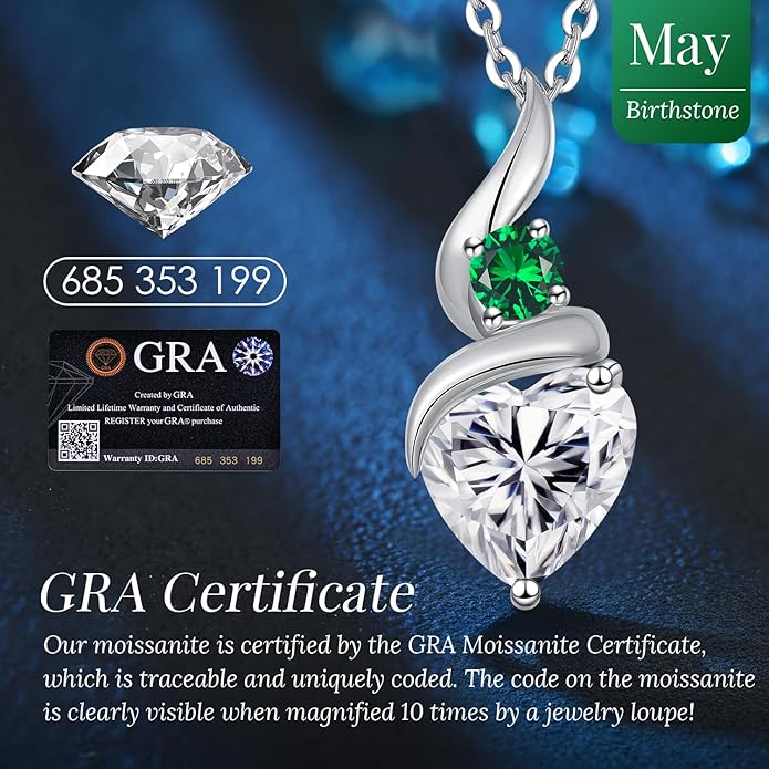 Moissanite Heart Pendant Necklaces for Women, 925 Sterling Silver Necklace with Birthstone, Ideal Anniversary Present or Birthday Christmas Valentine Mothers Day Jewelry Gifts for Mom Wife Her Girlfriend