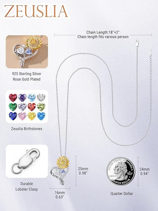 Zeuslia Double Birthstone Necklace Gifts for Wife - 925 Sterling Silver Sunflower/Rose/Crown Cross/Compass/Heart Pendant I Love You Necklace, Anniversary Birthday Gifts for Wife Girlfriend Mom Her