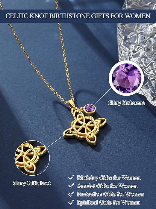 Witches Knot Necklace for Women, 14K Gold Celtic Knot Cross Jewelry with Triquetra Trinity with Birthstone Pendant, Birthday Witchy Spiritual Gifts for Her Wife Mom Grandma, 18+2 Inch Chain