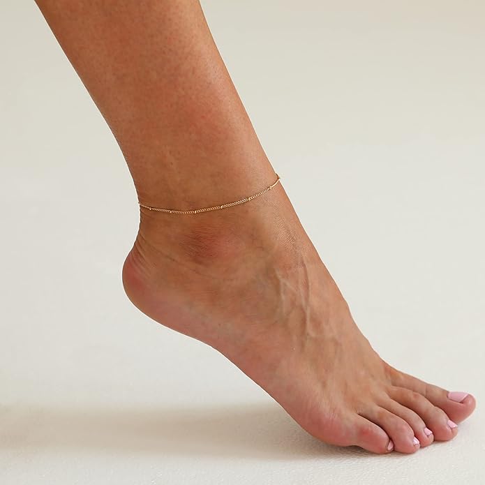 Dainty Ankle Bracelets for Women 18K Gold Plated Satellite Beaded Herringbone Chain Anklets Simple Lip Chain Anklet Minimalist Summer Beach Foot Jewelry Christmas