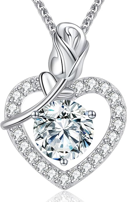 N9NEMUSES Rose Heart Pendant Necklace for Wife, 2-4 Carat Moissanite 925 Sterling Silver Necklace, Wedding Anniversary Present or Birthday Christmas Valentines Day Jewelry for Wife Her Girlfriend Mom Daughter