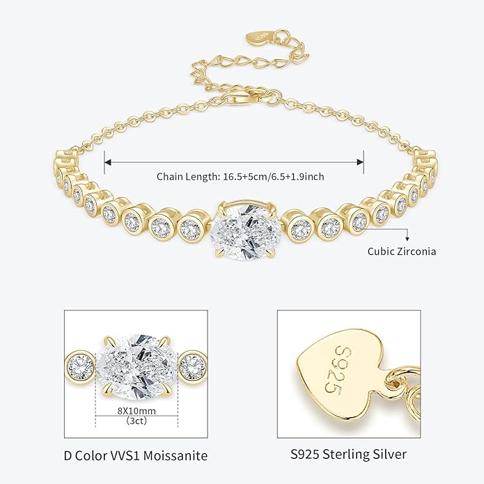 3CT Oval Moissanite Link Bracelet, 8x10mm Oval Cut D Color VVS1 925 Sterling Silver Adjustable Moissanite Bracelets for Women Mom Birthday Jewelry Gifts