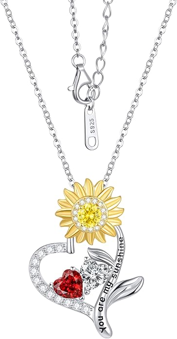 PERJI Valentine's Day Gifts for Women - 925 Sterling Silver Double Birthstone Sunflower Necklace, Anniversary Birthday Jewelry You are My Sunshine Gifts for Wife Couple Girlfriend 18"+2" Non Tarnish