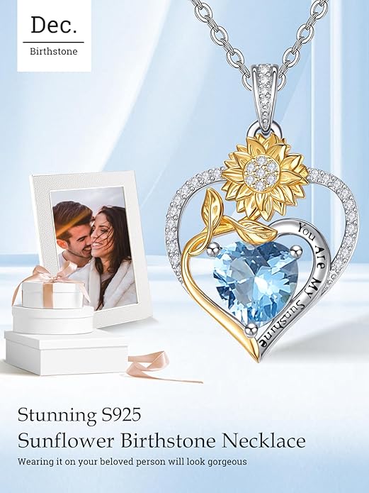 Zeuslia Double Birthstone Necklace Gifts for Wife - 925 Sterling Silver Sunflower/Rose/Crown Cross/Compass/Heart Pendant I Love You Necklace, Anniversary Birthday Gifts for Wife Girlfriend Mom Her