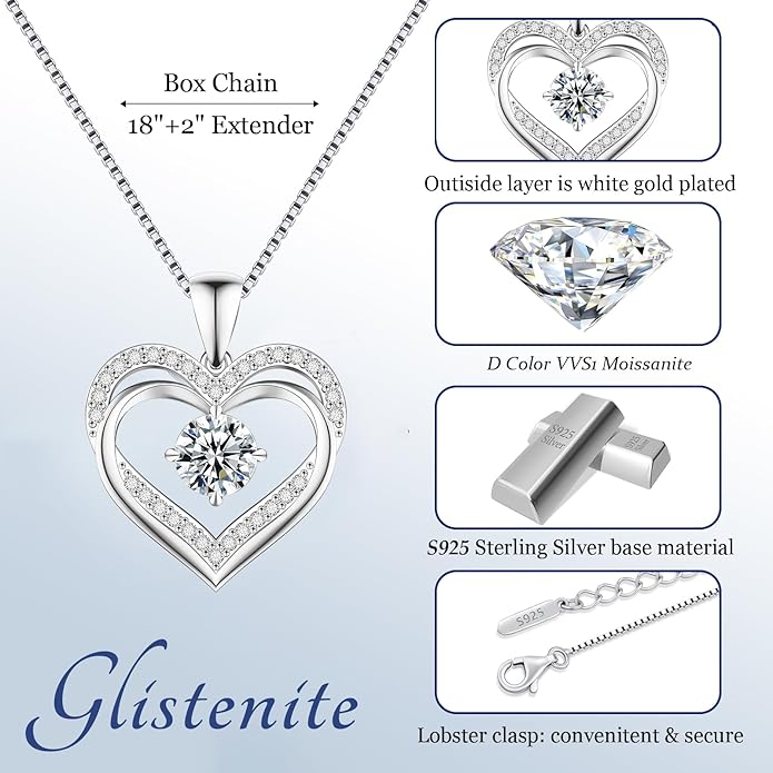 Moissanite Necklace for Women, 1–3 Carat Double Heart Pendant in 925 Sterling Silver, Romantic Love Necklace Gift for Wife or Mom, Anniversary Birthday Mother’s Day Jewelry