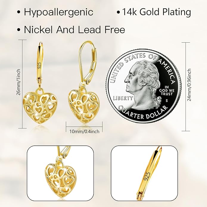 925 Sterling Silver 14K Gold French Style Leverback Earrings, Heart Dangle Drop Earrings for Women Hypoallergenic Jewelry