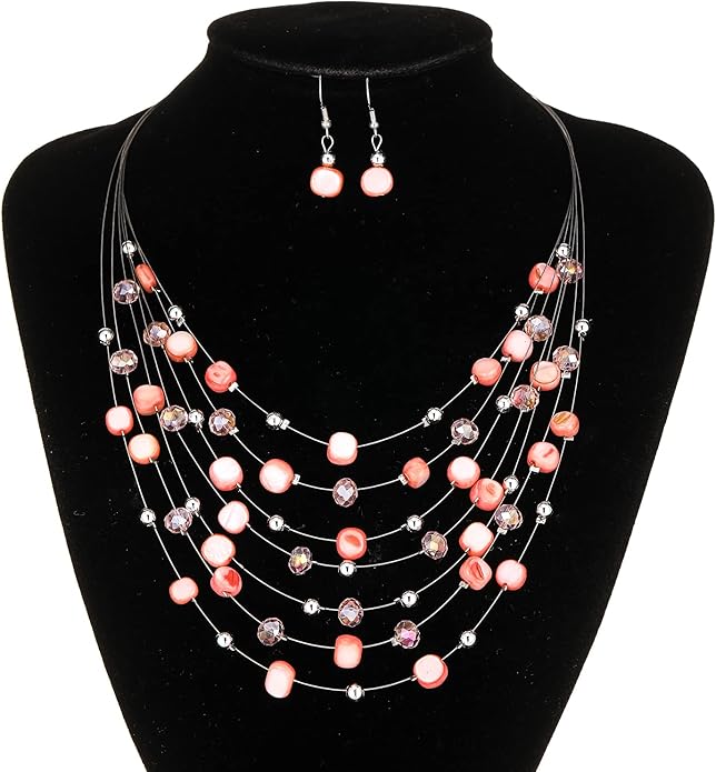 Multi-Layer Boho Shell Beaded Necklace for Women Colorful Crystal Strand with Silver Beads Statement Collars Necklace and Earrings Costumes Jewelry Sets for Women