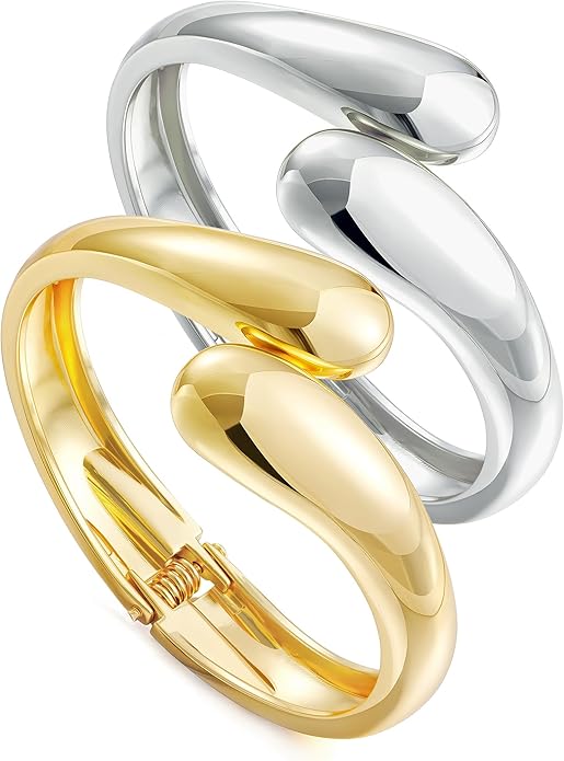 Gold Silver Bangles Bracelet for Women Trendy, 14K Gold Plated Dainty Thick Chunky Cuff Bracelet Stack