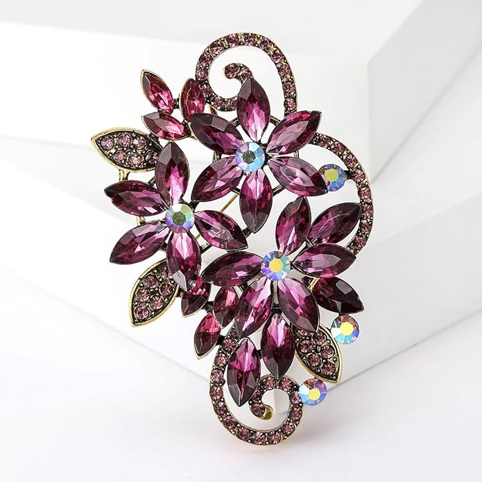 YOQUCOL Vintage Red Austrian Crystal Rhinestone Flower Shape Brooch Pin for Women