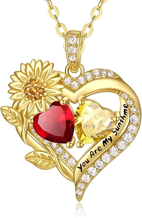 Sunflower Heart Necklace for Women 14K Gold Exquisite Anniversary Birthday Gifts for Wife Mother Her Double Birthstone Pendant jewelry‘You Are My Sunshine’