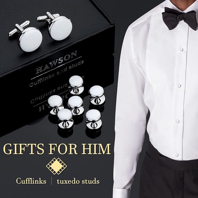 HAWSON Men’s Cufflinks and Tuxedo Studs Set with Gift Box; Men’s Jewelry or Accessories Suitable for Black Suit White Shirts Vest and Red Bow tie on Wedding or Anniversary and Birthday