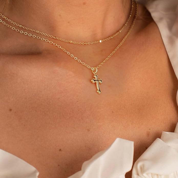 Cross Necklace for Women 14K Gold Silver Plated Dainty Small Cross Pendant Choker Simple Trendy Cute Cross Charm Chain Necklace Easter Basket Stuffers Baptism Religious Faith Jewelry Gift