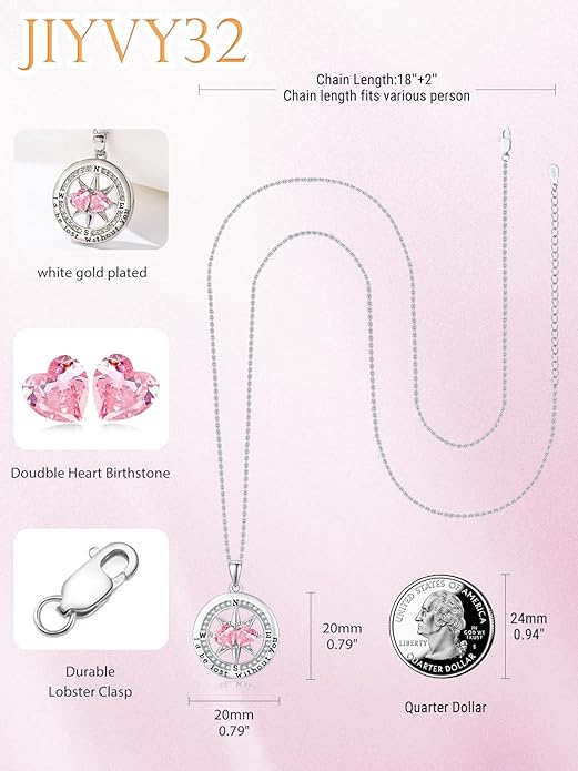 Compass Birthstones Necklace for Women, Exquisite Anniversary Birthday Gifts for Wife Her Double Birthstone Pendant jewelry ‘I'd be Lost Without You’
