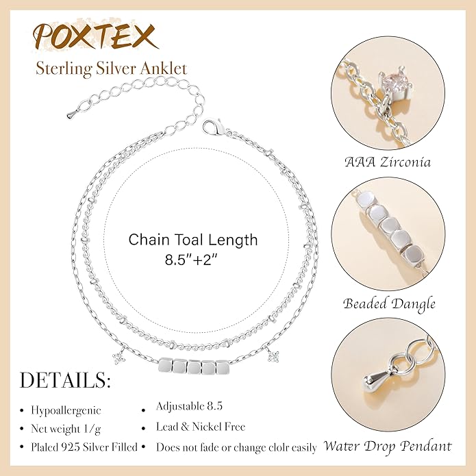 Sterling Silver Anklet Bracelets for Women Waterproof, 925 Sliver Plated CZ & Heart Charm Dainty Layer Anklets for Women Trendy, Simple Chain Anklets Set Gifts for Women, Jewelry Gifts for Her Women Mom Wife Girlfriend