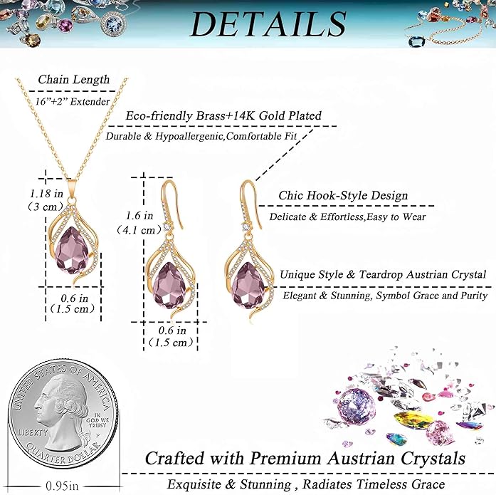 EVEVIC Austrian Crystals Teardrop Hollow Twisted Pendant Necklace Earrings for Women 14K Gold Plated Halo Drop Dangle Earrings Hypoallergenic Jewelry Set