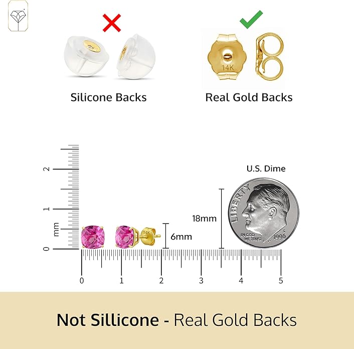 14k Gold 6MM Cushion Cut Stud Gemstone Earrings | Hypoallergenic Solitaire Gemstone Studs with 14K Gold Backs | Lightweight Birthstone Earrings with Gift Box by MAX + STONE