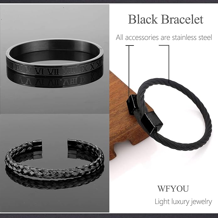 WFYOU 3PCS Stainless Steel Bracelets for Men Gold Roman Numeral Bangle Bracelet Twisted Cable Bracelet Adjustable Cuff Bracelet Mens Luxury Jewelry Bracelets Gifts