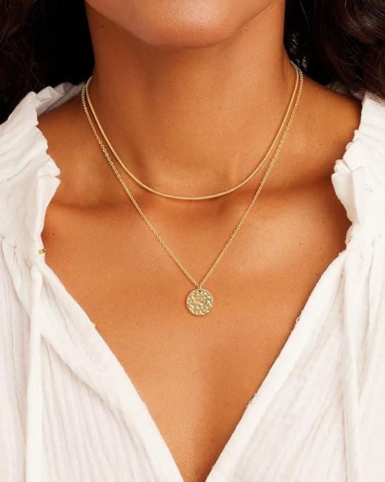 Layered Necklaces for Women 14K Gold Plated Stack Circle Pendant Trendy Long Chain Stackable Handmade Coin Necklace Set Dainty Gold Stacked Jewelry Gifts