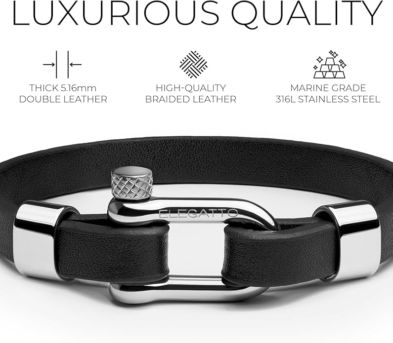 Elegatto Morelle Premium Leather Bracelet for Men | Full-Grain Black Leather with Silver Polished Stainless Steel Shackle Closure | Men’s Designer Jewelry