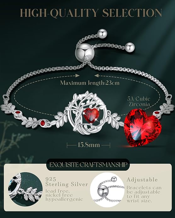 FANCIME Tree of life Birthstone Bracelet for Women Sterling Silver Tree Jewelry Birthstone Charm Bracelet Gemstone Anniversary Birthday Christmas Gifts for Wife Mom Her