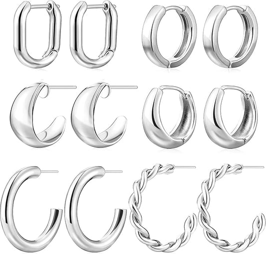 6 Pairs Gold Hoop Earrings Set for Women, Hypoallergenic 14K Gold Chunky Earrings, Lightweight Small Thin Cute Dainty Trendy Clip On Jewelry Gifts for Womens for Multiple Piercing (Gold & Silver)
