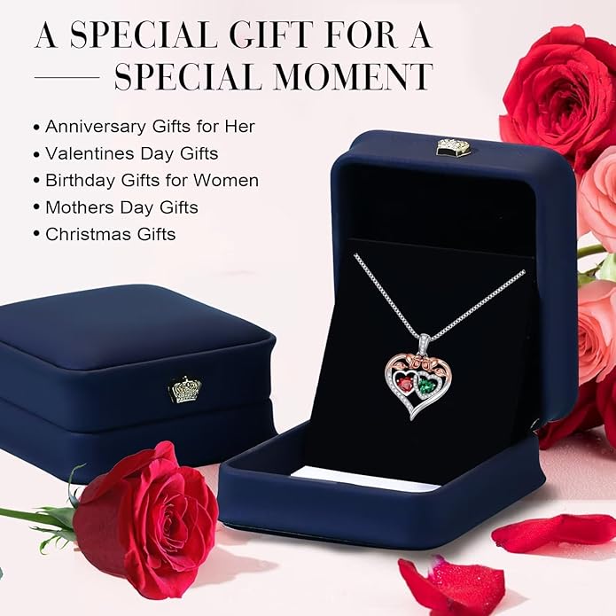 Iefil Double Birthstone Necklace Gifts for Wife Girlfriend Her Women, Birthstone Jewelry Gemstone Valentines Birthday Gifts for Her Women Wife Mom Grandma