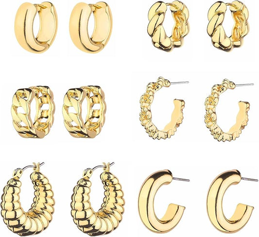 Wgoud Chunky Hoop Earrings Set 14K Gold Plated Hoop Earrings for Women Hypoallergenic, Thick Twisted Huggie Hoops Earring Set