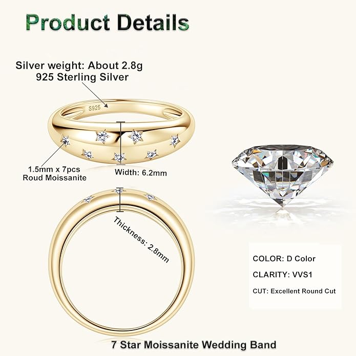 Moissanite Ring for Women D Color VVS1 Clarity 7 Star Ring 925 Sterling Silver Chunky Stackable Bands for Women or Men