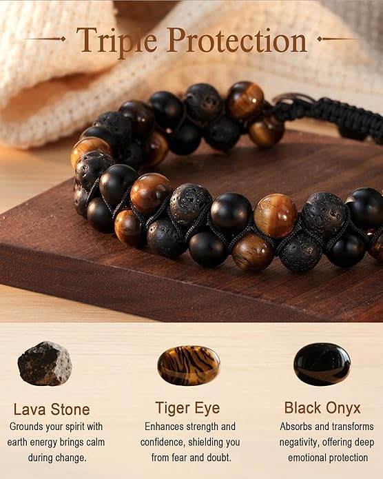 HGDEER Triple Protection Bracelet for Men & Teens - 100% Natural Black Onyx, Tiger Eye & Lava Stone Beads - Adjustable Size with Meaning Card