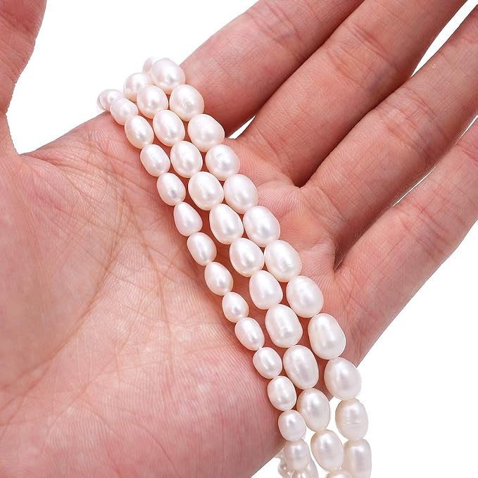 BEADIA Natural Pearl Beads Rice 6-7mm White Freshwater Cultured Loose Gemstone Beads for DIY Jewelry Making 13.8''/Strand