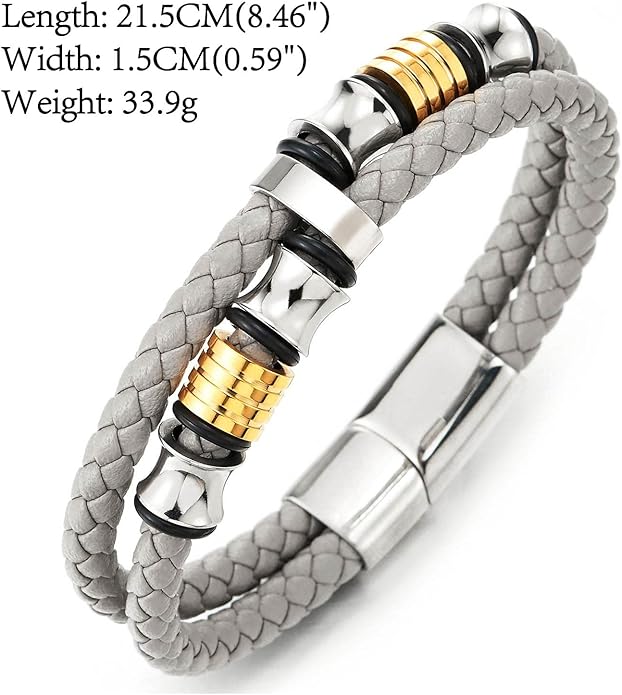 COOLSTEELANDBEYOND Mens Double-Row Braided Leather Bracelet Bangle Wristband with Stainless Steel Ornaments