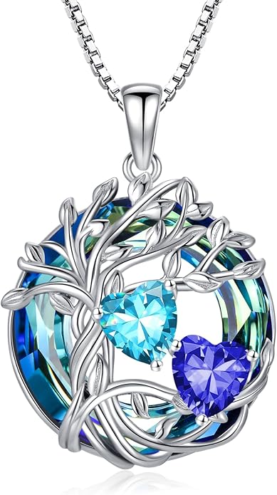 TOUPOP s925 Sterling Silver Family Celtic Tree of Life Pendant Necklaces with 2 Heart Birthstone with Blue Austrian Crystal Jewelry Birthday Anniversary Christmas Gifts for Her Wife Girlfriend Mom (18K Real White Gold Filled)