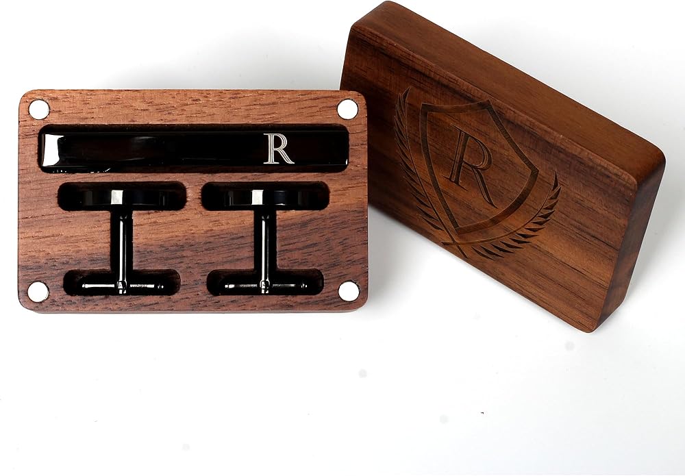 Mens Initial Cufflinks and Tie Clip A-Z Alphabet Letter Black Stainless Cuff Links Tie Bar with Engraved Walnut Wood Box Groom Groomsman Wedding Set