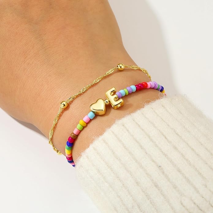 Ursteel Colorful Initial Heart Bracelets for Women - 14K Gold Plated Beaded Letter A-Z Bracelet, Layered Stretch Initial Bracelets, Women Trendy Bohemian Jewelry Birthday Gifts