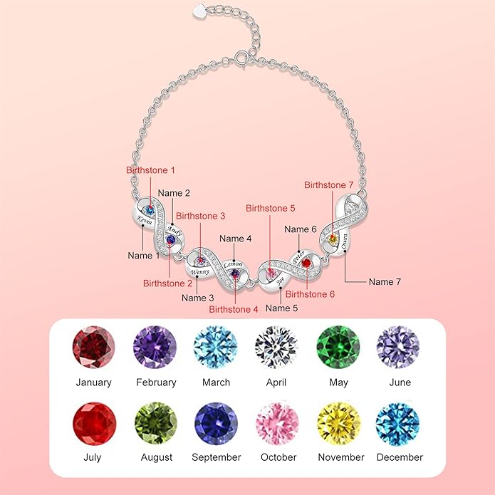 BABOOM Custom Mother Bracelet With 1-8 Birthstones Personalized Infinity Name Bracelet Engraved Birthstone Bracelets Gifts For Women Mother Daughter Wife