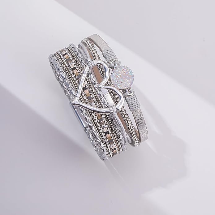FANCY SHINY Heart Leather Wrap Bracelets Stackable Boho Cuff Bangles Trendy Resin Stone Rhinestone Bracelets with Magnetic Clasp for Women
