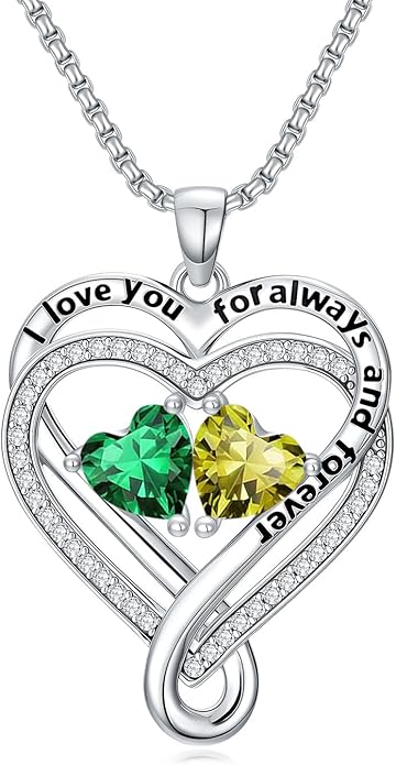 I Love You for Awlays and Forever Double Heart Necklace with Birthstone, 2 Birth Stone Jewelry Anniversary Valentines Mothers Day Christmas Birthday Gifts for Women Her Wife Girlfriend Mom Mother