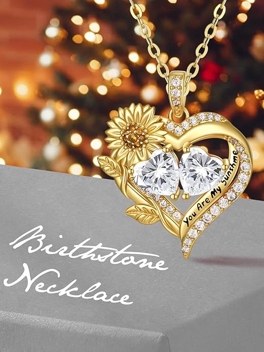 Sunflower Heart Necklace for Women 14K Gold Exquisite Anniversary Birthday Gifts for Wife Mother Her Double Birthstone Pendant jewelry‘You Are My Sunshine’