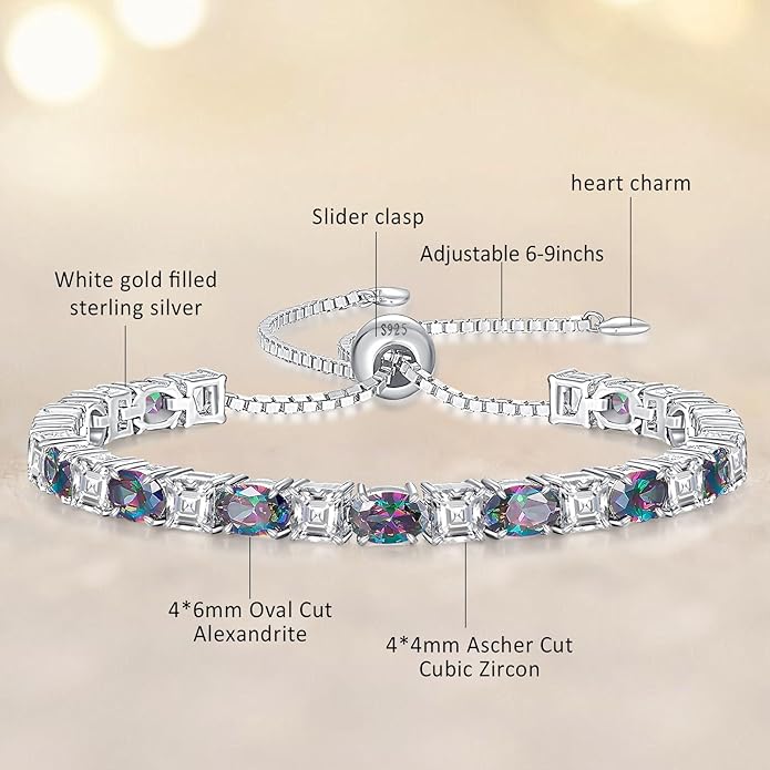 Sterling Silver Birthstone Bracelets for Women White Gold Tennis Bracelets Adjustable Chain 6-9 Inchs Jewelry Hypoallergenic Anniversary Birthday Gifts for Women Mom Wife Her