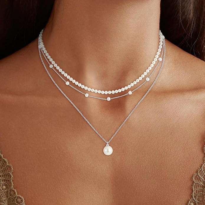 Pearl Necklaces for Women Trendy, 18K Gold/Silver Plated Layered Pearl Necklace Dainty Pearls Choker Necklace and Earring Set Simple Pearls Bracelets Wedding Prom Gold Jewelry for Women Gifts